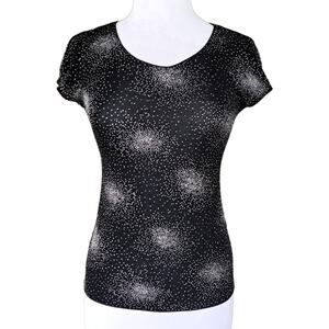 Armani Collezioni Vintage 90s Black Galaxy Glitter Bomb Top Cap Sleeve Tee Sz 4